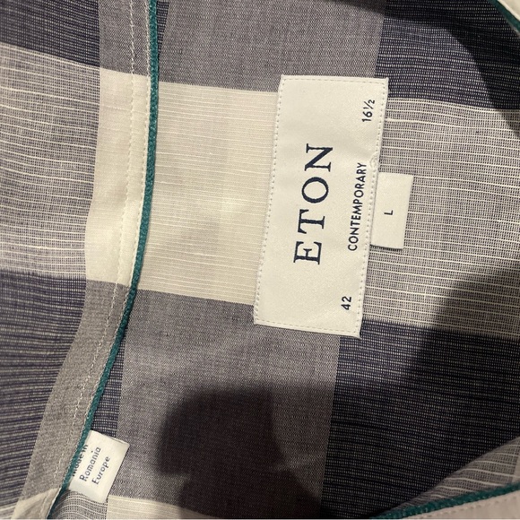 Eton Men's Plaid Linen Poplin Shirt - Gray/White Overcheck Size Large 16.5 42 - Picture 2 of 7
